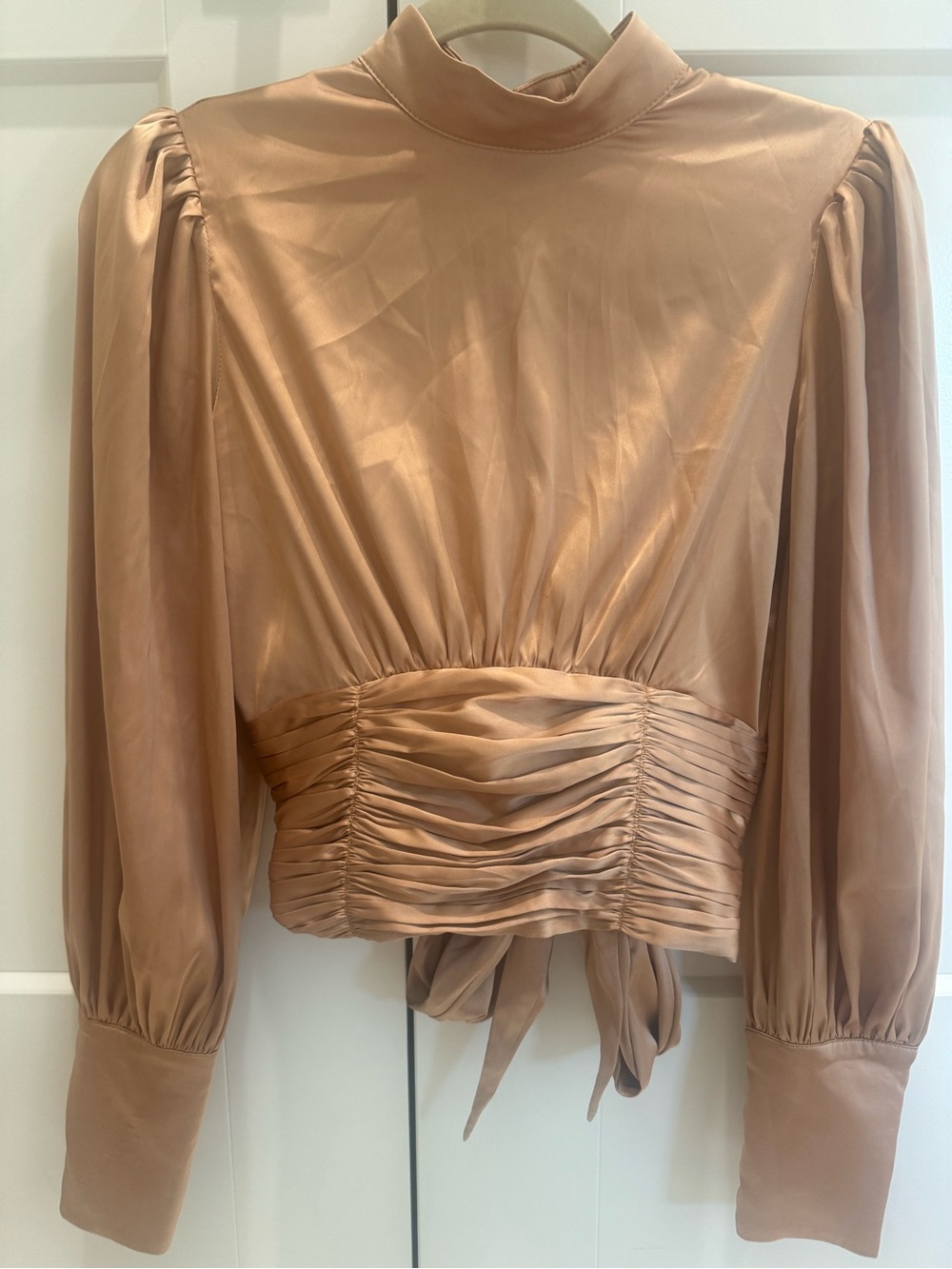 Mable Elegant Ruched Waist Satin Mock Neck Blouse with open back